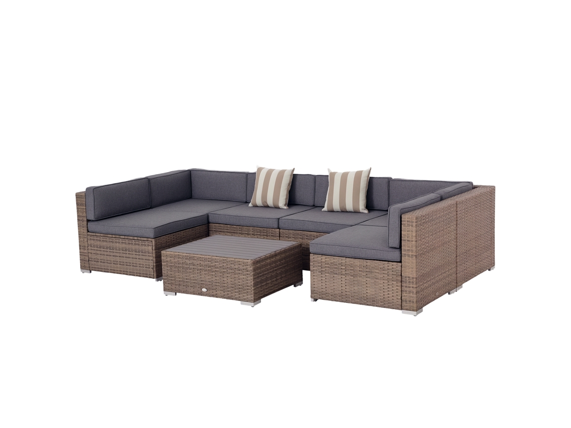 Sofá de Jardim Vime 7 Peças Cinza (modular, Mesa Centro, Almofadas)
