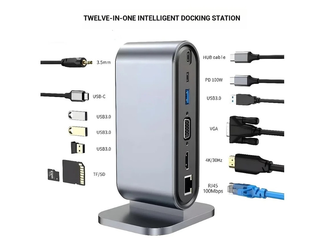 Yizhood 12 em 1 Desktop Docking Station Multi-interface Splitter Tipo C para HDMI VGA e Ethernet Cinza
