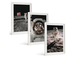 Pinturas Murais Modernas Pouso De Astronautas, Lua, Nasa Moldura Branca Quadros Para A Sala De Estar Espelharte (3 Piezas De 40x60 Cm)