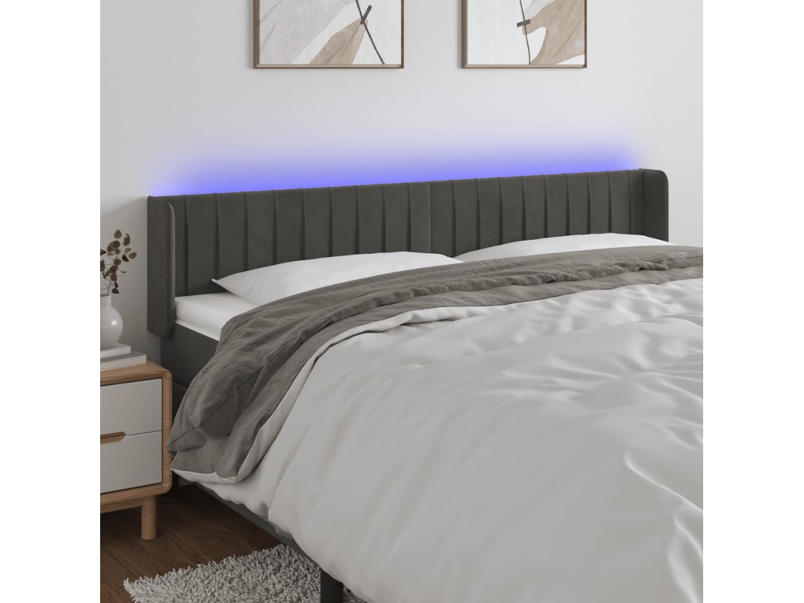 Vidaxl Cabeceira Cama C/ Luzes Led Veludo 163x16x78/88cm Cinza-escuro