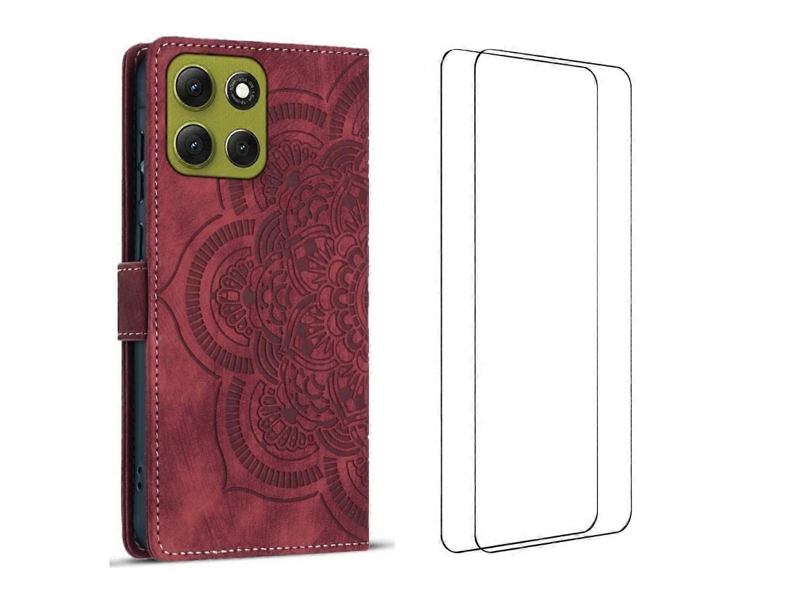 Capa Tkdaddy Para Motorola Moto G56 5g Com 2 Peças De Vidro Temperado Wanlonfeng Mtl Series Mandala Couro Capa De Celular Vermelha