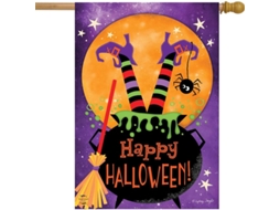 Bandeira De Casa De Halloween Com Pés De Bruxa Caldeirão Lua Cheia