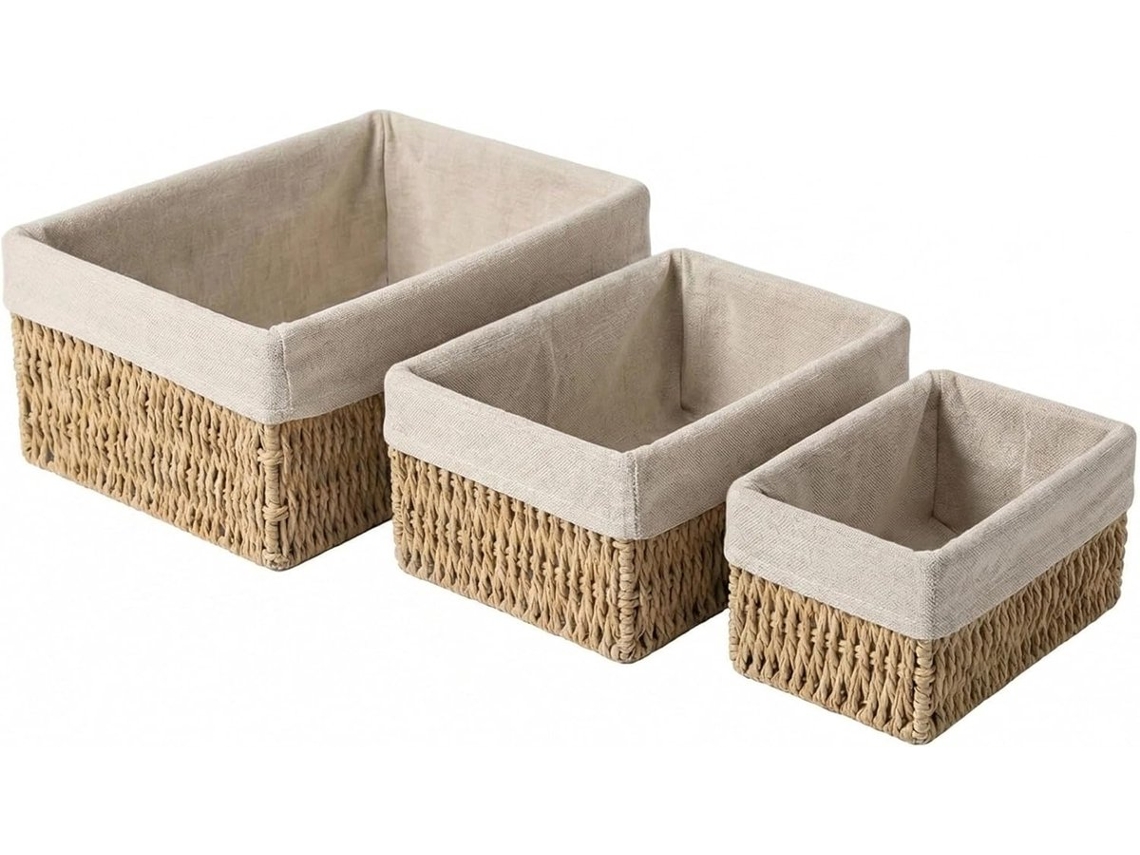 Conjunto De 3 Cestos De Armazenamento Empilháveis Em Rattan Com Forro De Linho.