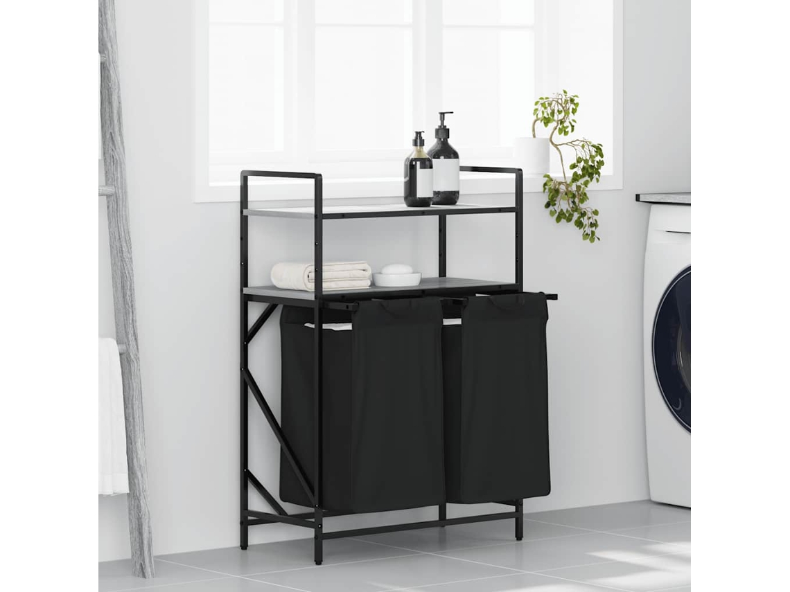 Vidaxl Cesto de Roupa Suja com 2 Compartimentos e Prateleiras, Cinza, Modelo Sonoma