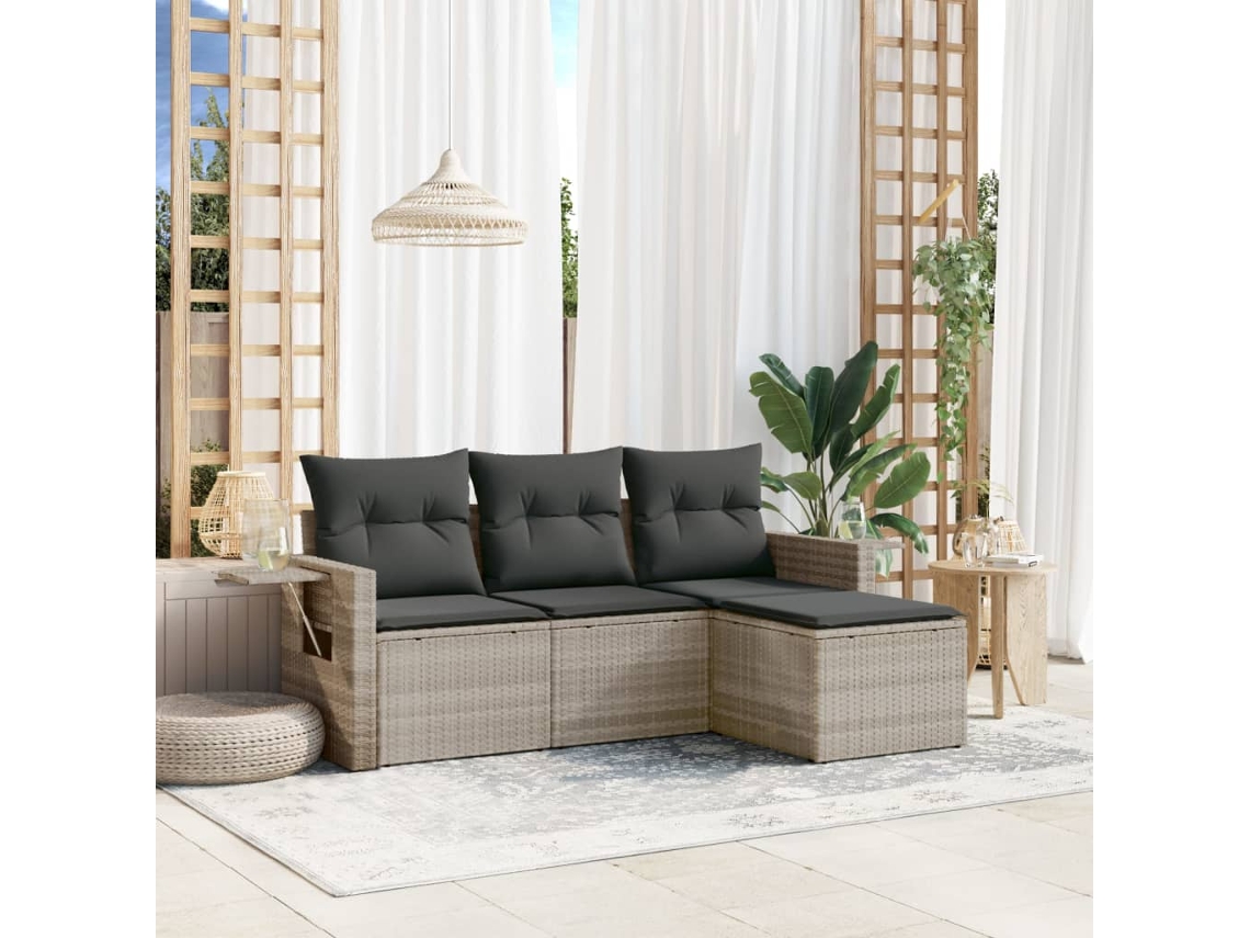 Vidaxl 4 Pcs Conj. Sofás Jardim C/ Almofadões Vime Pe Cinzento-claro