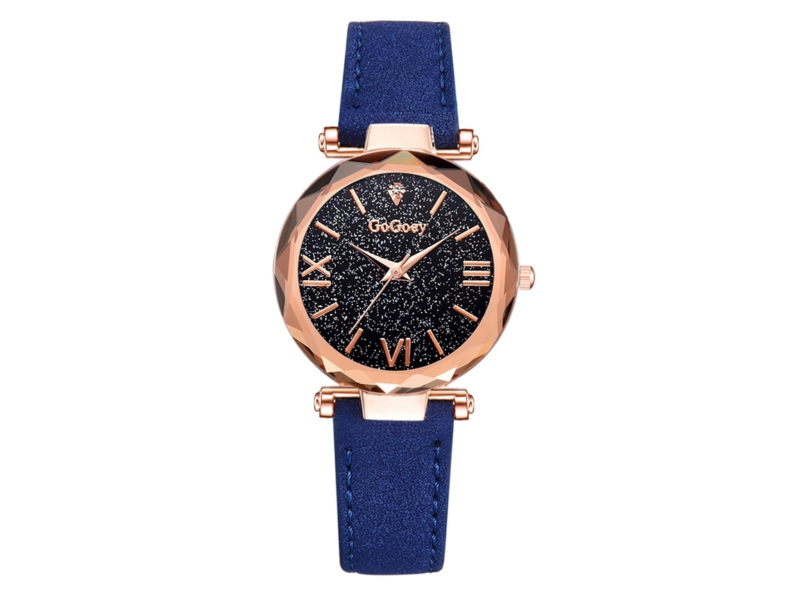 Relógio de Pulso Feminino com Mostrador Céu Estrelado Pulseira Pu Quartzo Azul