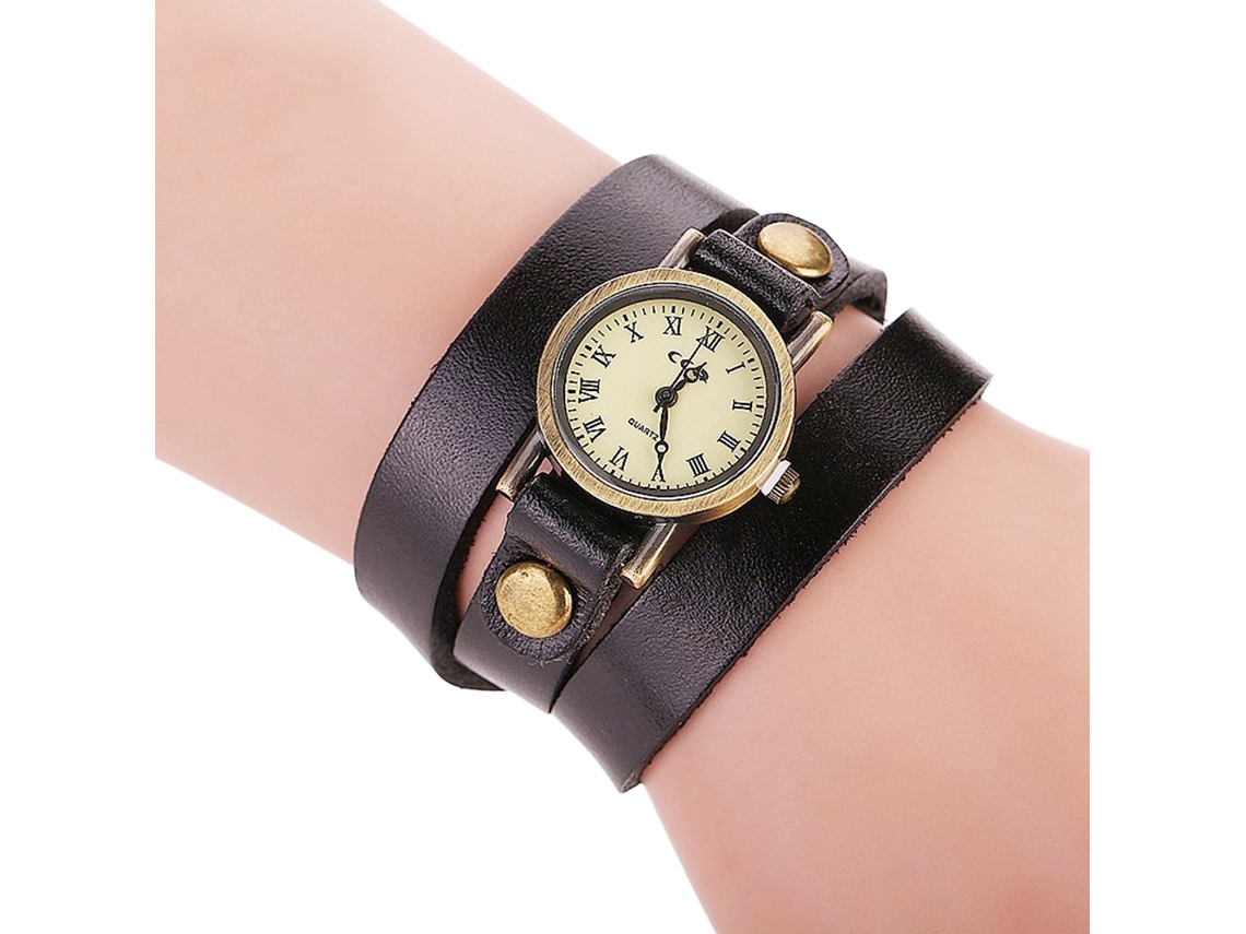 Relógio de Pulso Feminino Estilo Punk Pulseira Multicamada Liga Quartzo Preto