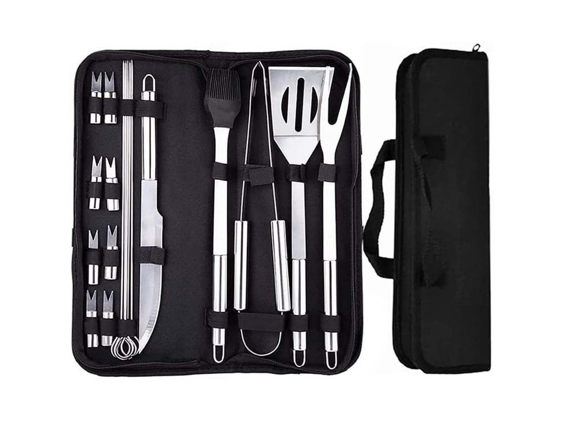 2026 kit de Churrasco com 18 Peças: Ferramentas de Aço Inoxidável, Garfo, Pinças, Escova, Espetos para Camping, Exterior e Viagens