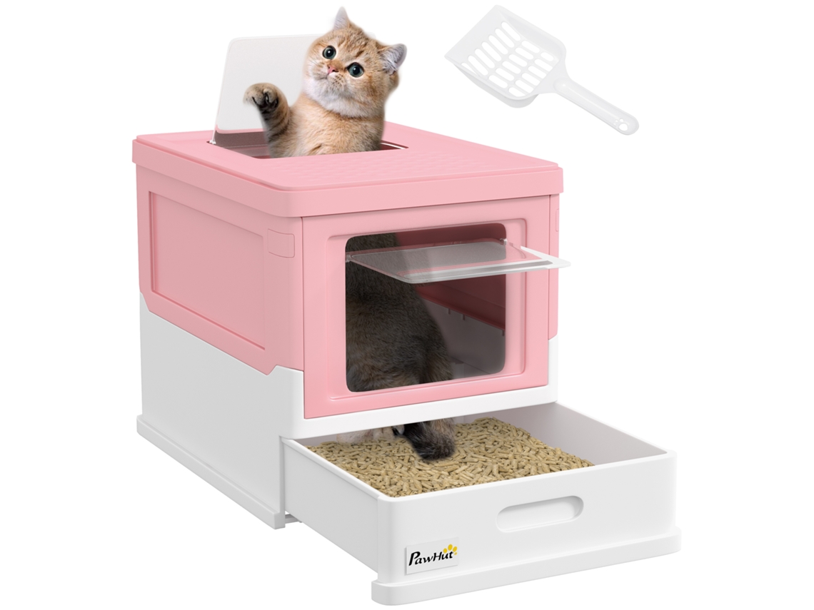 Caixa de Areia para Gatos com Tampa, Removível, com Entrada Frontal e Saída Superior, com Pá, 47,5 X 35,5 X 36,7 Cm, Rosa e Branca. ESSÊNCIACASA