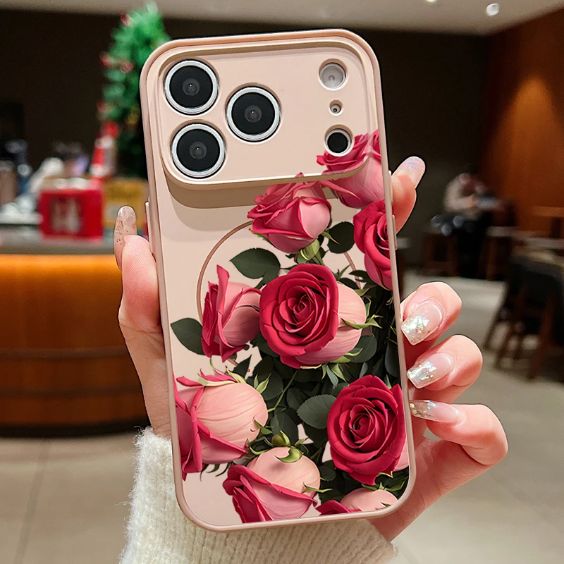 Capa Magnética Para Iphone 17 Pro Max Com Estampa Floral Realista (dourada), Resistente A Impactos.