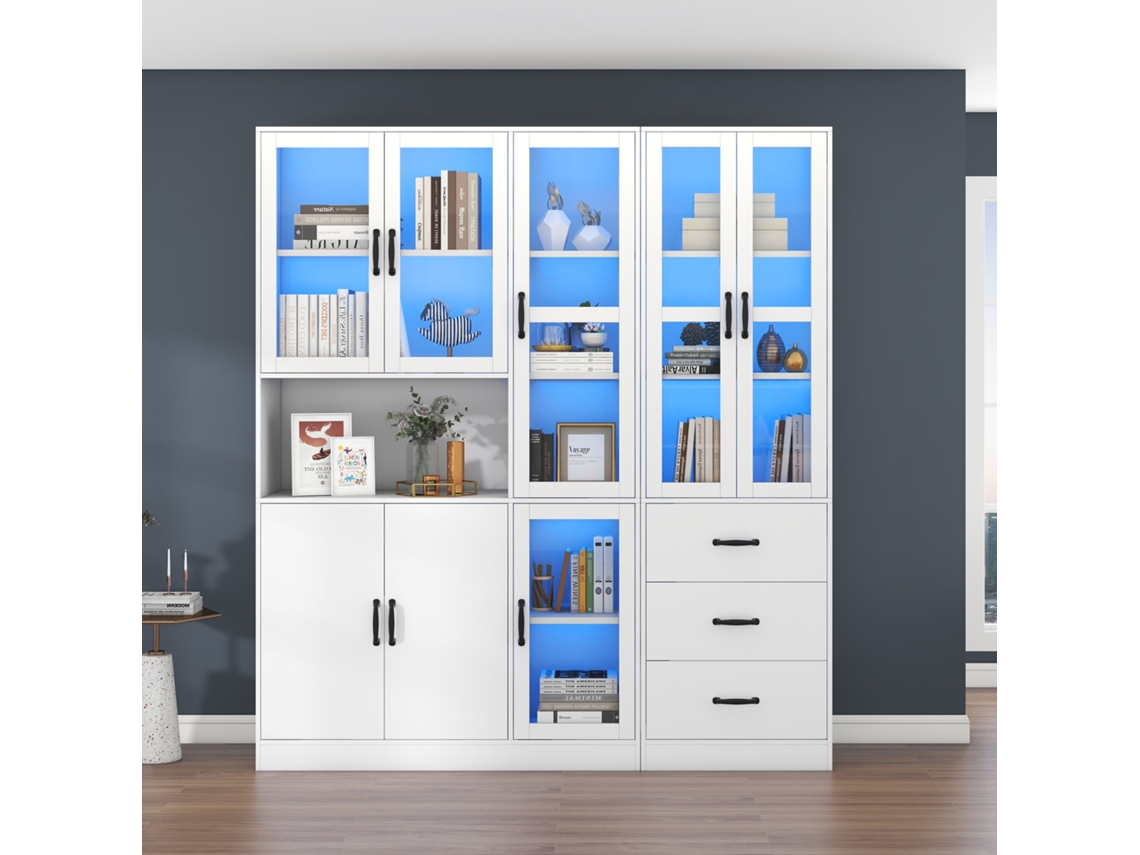 Vitrine Moderna Branca 200cm Altura 180cm Comprimento Com Iluminação Led 8 Portas 3 Gavetas Ideal Para Exibição Em Casa Mega Echo Trade Shop