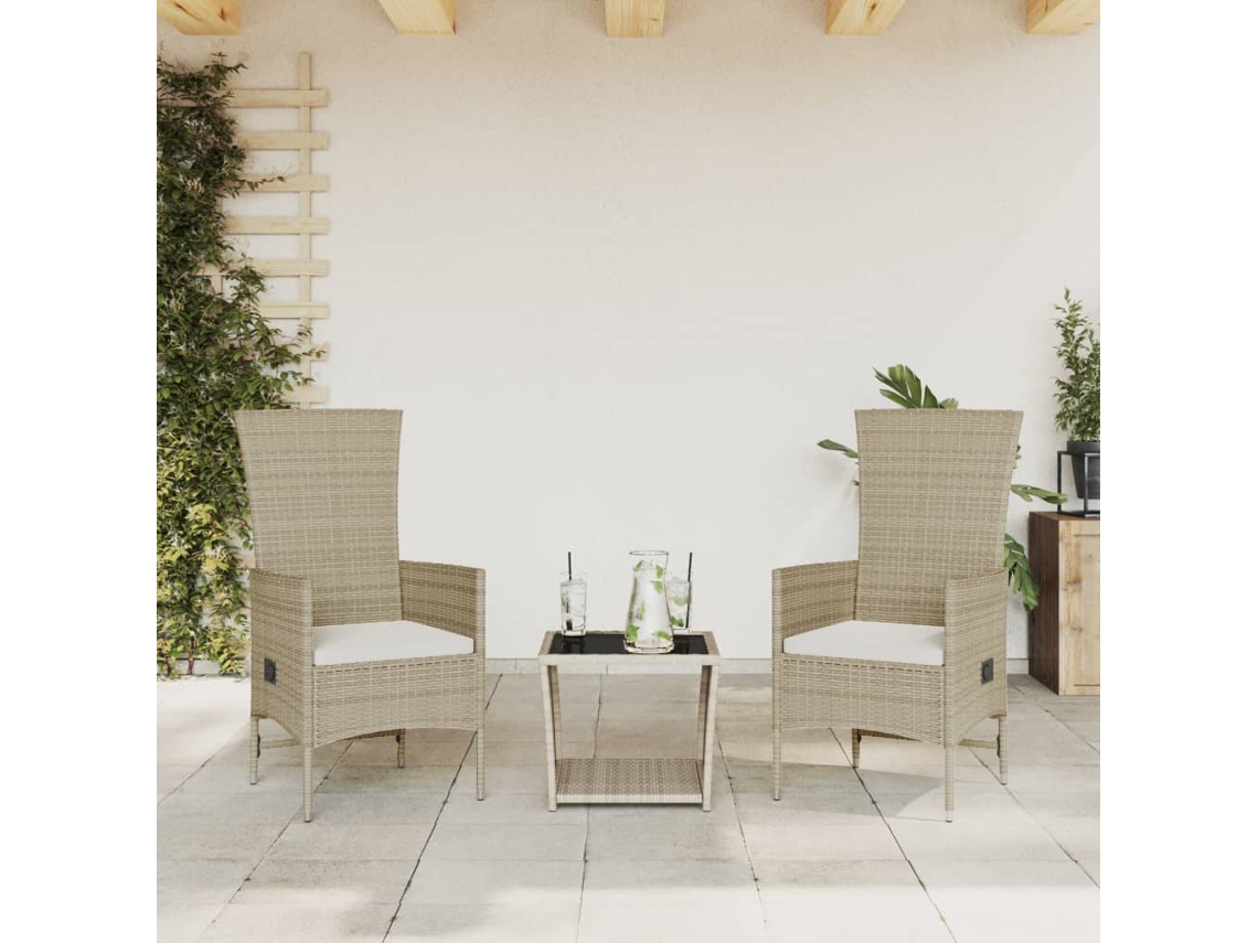 Conjunto 3 Peças Jantar P/ Jardim Com Almofadões Vime Pe Bege Dkd Home Decor
