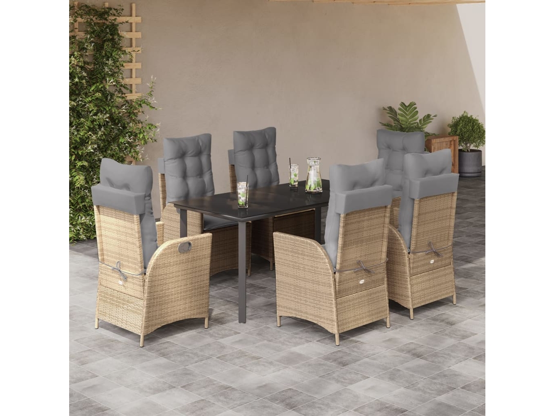 7 Pcs Conjunto De Jantar P/ Jardim Com Almofadões Vime Pe Bege Dkd Home Decor