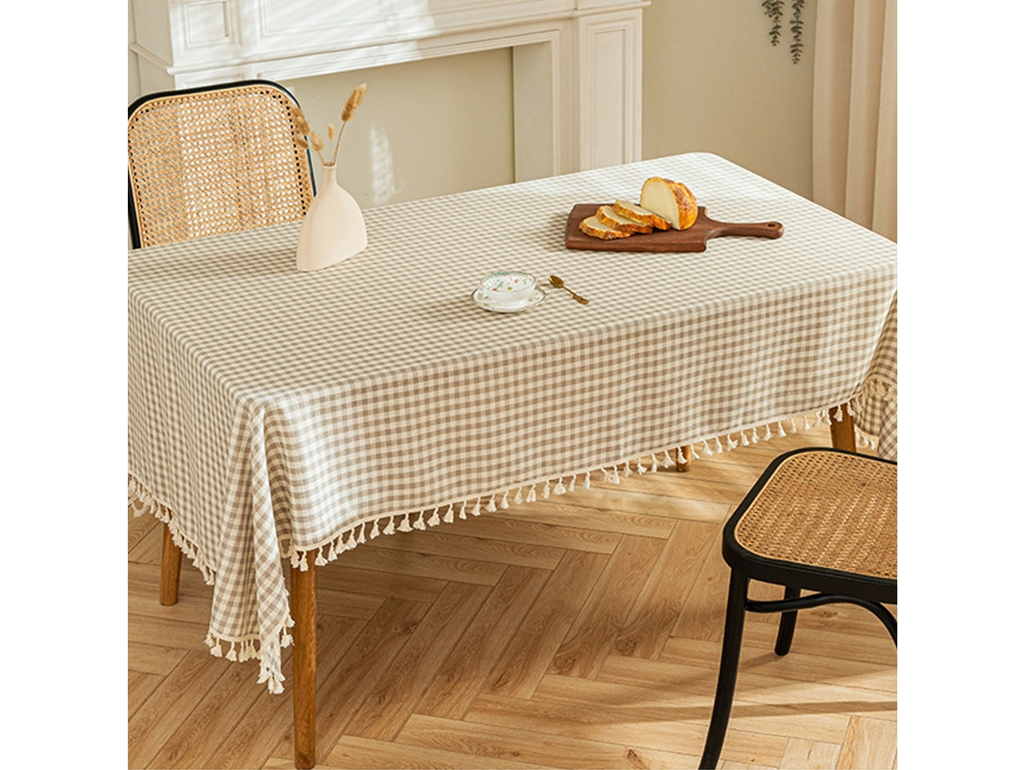 Toalha de Mesa Pastoral Retangular de Renda com Borla Xadrez de Algodão e Cânhamo para Casa de Fazenda Retângulo 55 X 70 Pol. Café Claro