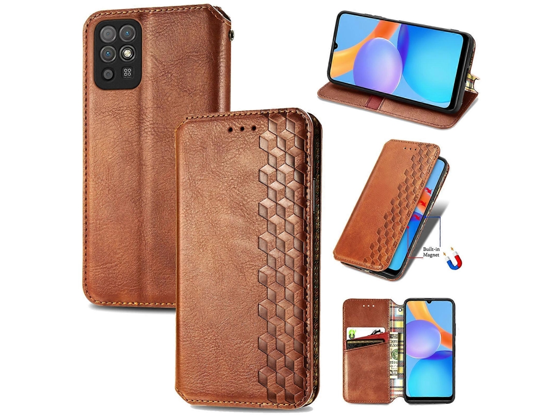 Capa De Couro Magnética Com Aba Horizontal E Grade Cúbica Para For Honor Play 5t Youth, Com Suporte, Compartimentos Para Cartões E Carteira.