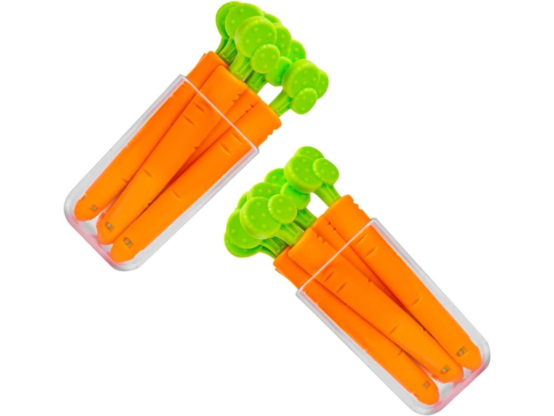 Conjunto de 10 Clipes Magnéticos para Vedação Pacotes Lanches Com Design Cenoura, 2 Caixas Plásticas Ideal para Namorar