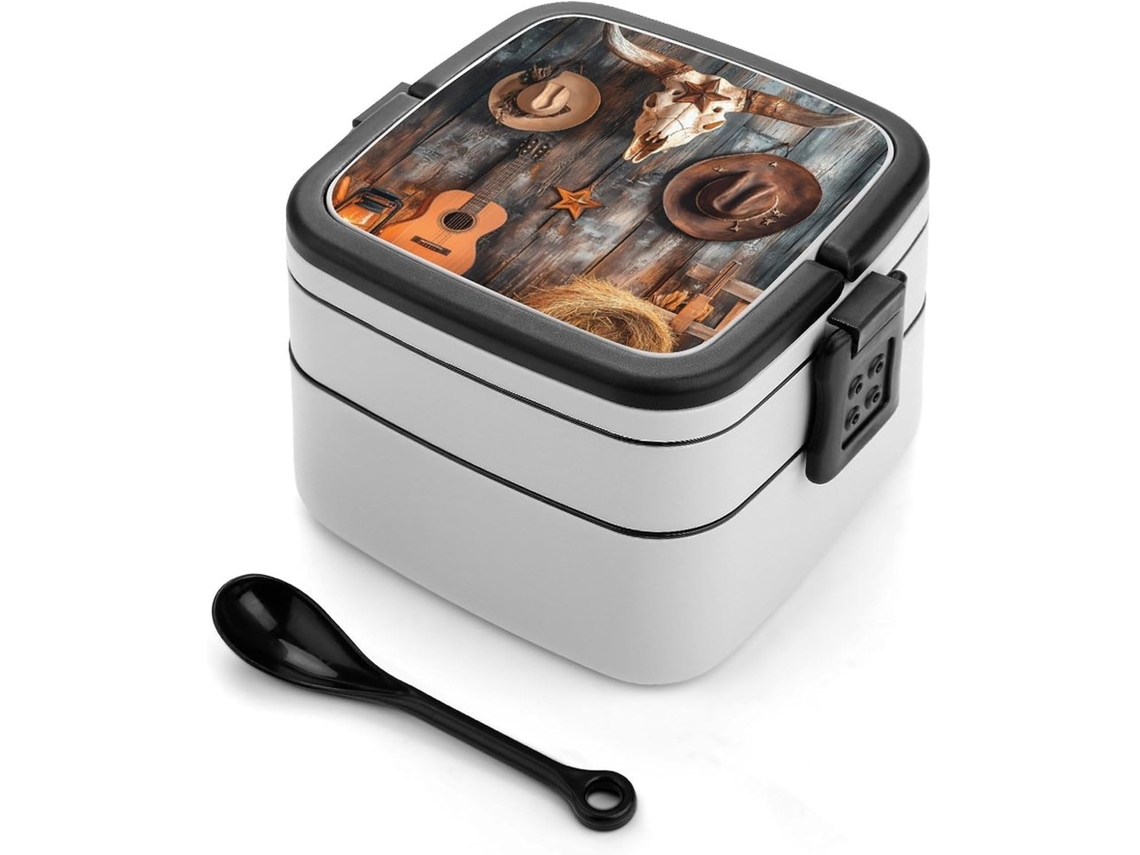 Lancheira Bento Com Estampa De Caveira, Vaca, Guitarra E Cacto, Com 2 Compartimentos E Colheres, Ideal Para Preparar