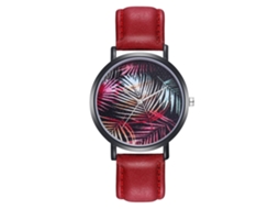 Relógio de Pulso Feminino com Padrão de Folhas Pulseira de Couro Pu Quartzo Vermelho