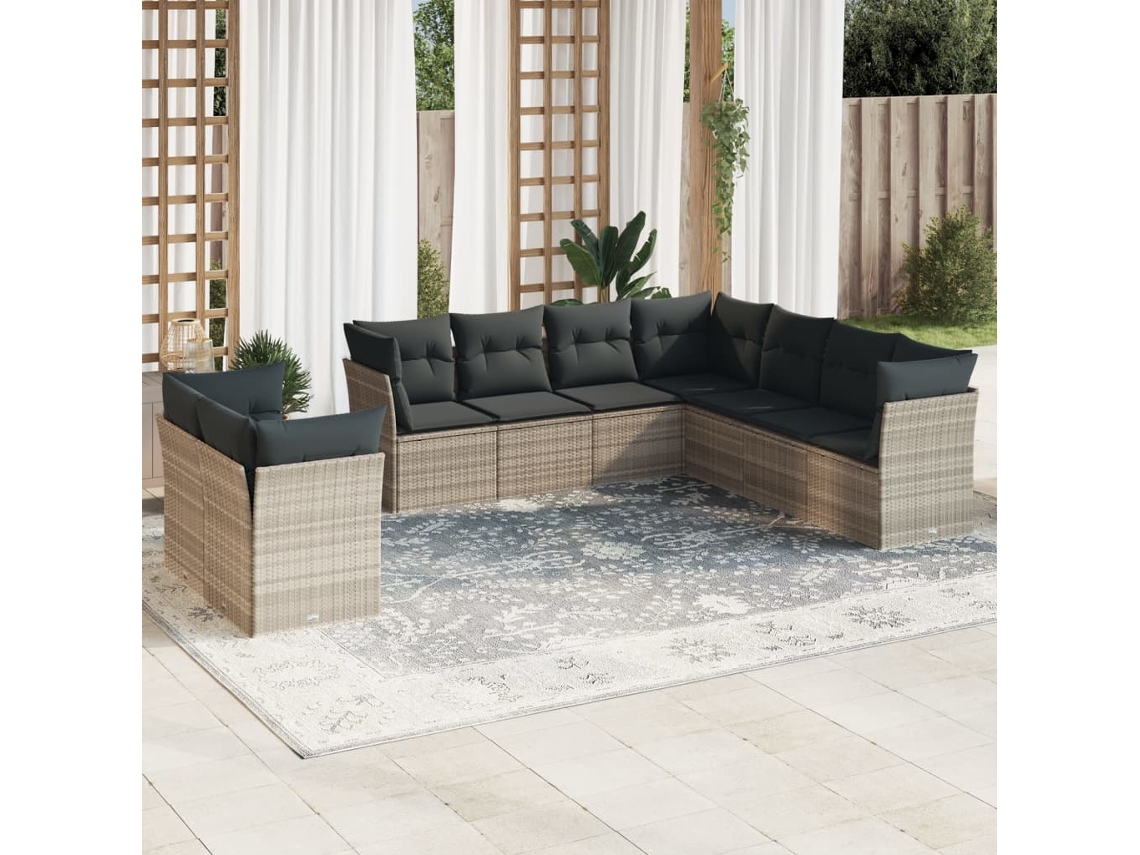 Vidaxl 9 Pcs Conj. Sofás Jardim Com Almofadões Vime Pe Cinzento-claro