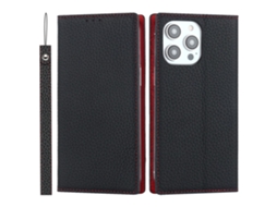 Capa Genuíno Textura Lichia Para Iphone 15 Pro Max Pele Preto