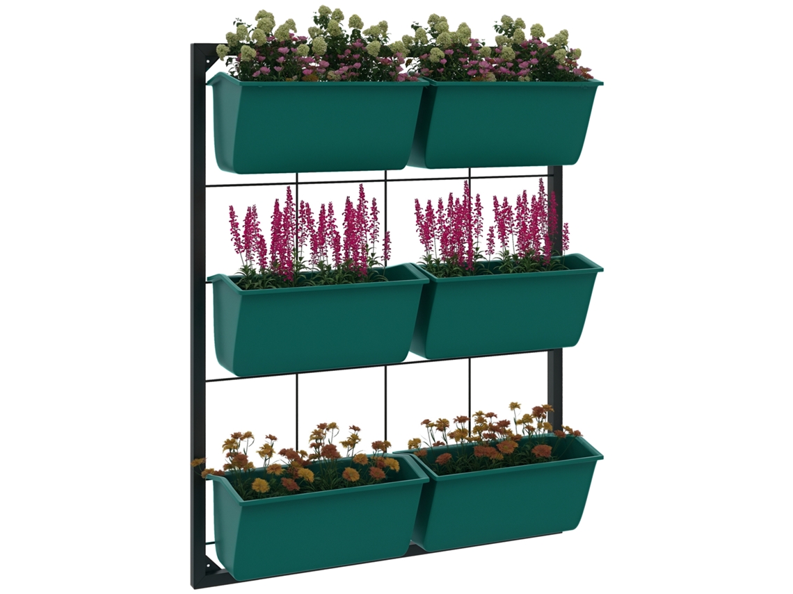 Jardim vertical de parede 3 níveis com 6 vasos aço e plástico 52x14x66cm Verde | S/MARCA