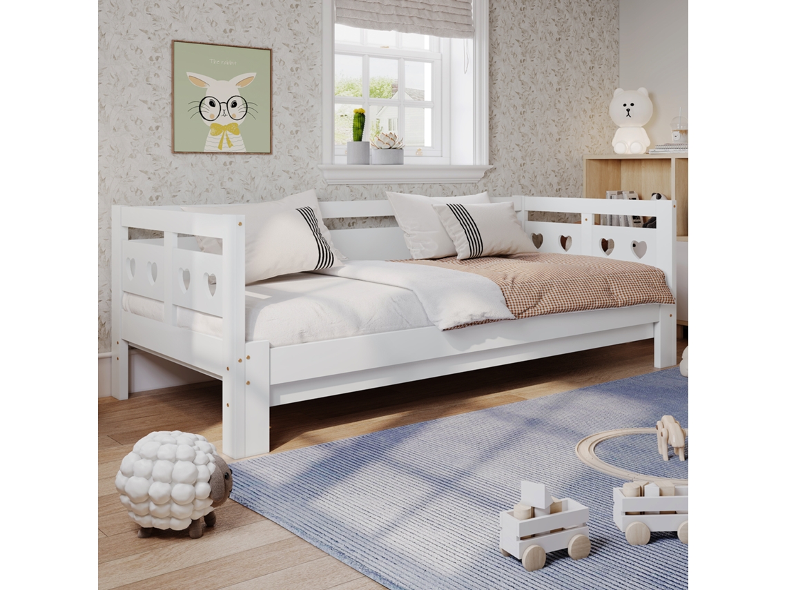 Cama Auxiliar 90x190 cm em pinho maciço com estrado deslizante, base ripada, design de coração, branca VSOGA