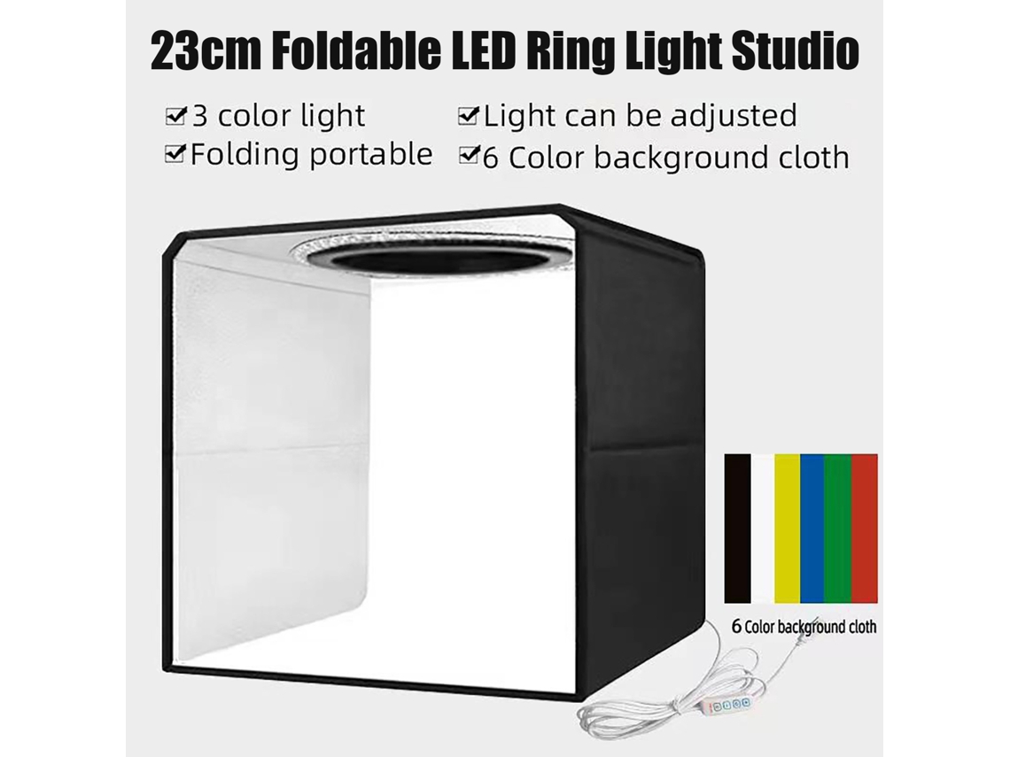 Caixa de luz portátil de 25x25 cm para fotografia de produtos com 6 fundos e alimentação USB.