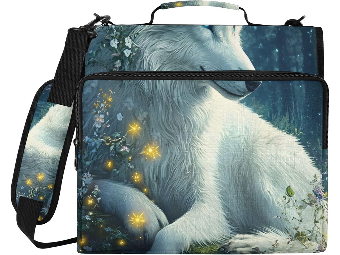 Organizador de massas com zíper e estampa de lobo, 3 argolas para arquivos, com bolsa impermeável para laptop.