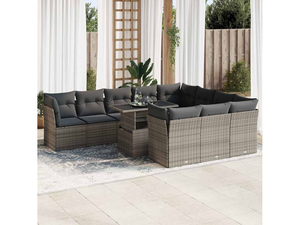 Vidaxl 11 Pcs Conjunto Sofás De Jardim C/ Almofadões Vime Pe Cinzento
