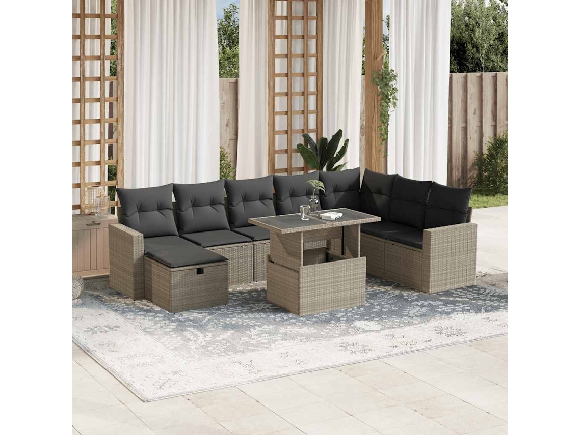 Vidaxl 9 Pcs Conj. Sofás Jardim Com Almofadões Vime Pe Cinzento-claro