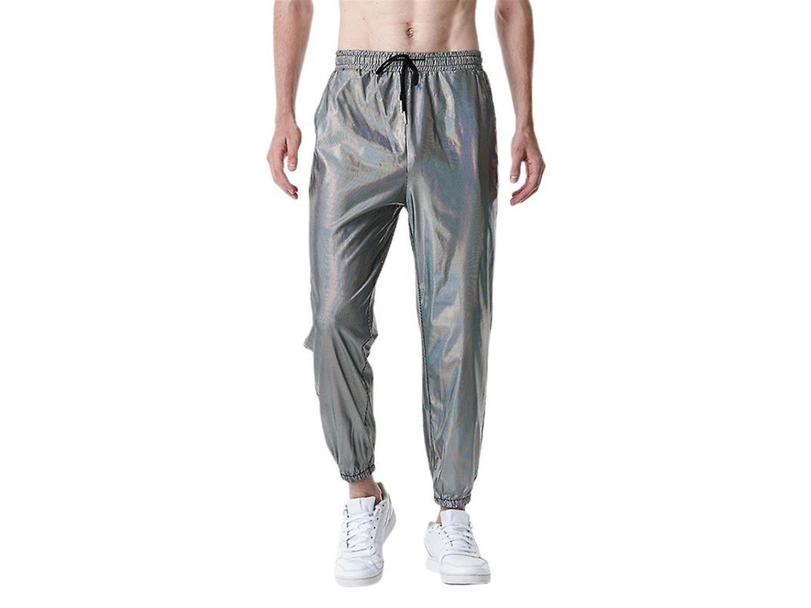 Fasst Pantalones Retro Disco 70 Hombre Cintura Elástica Cordón Look Holográfico