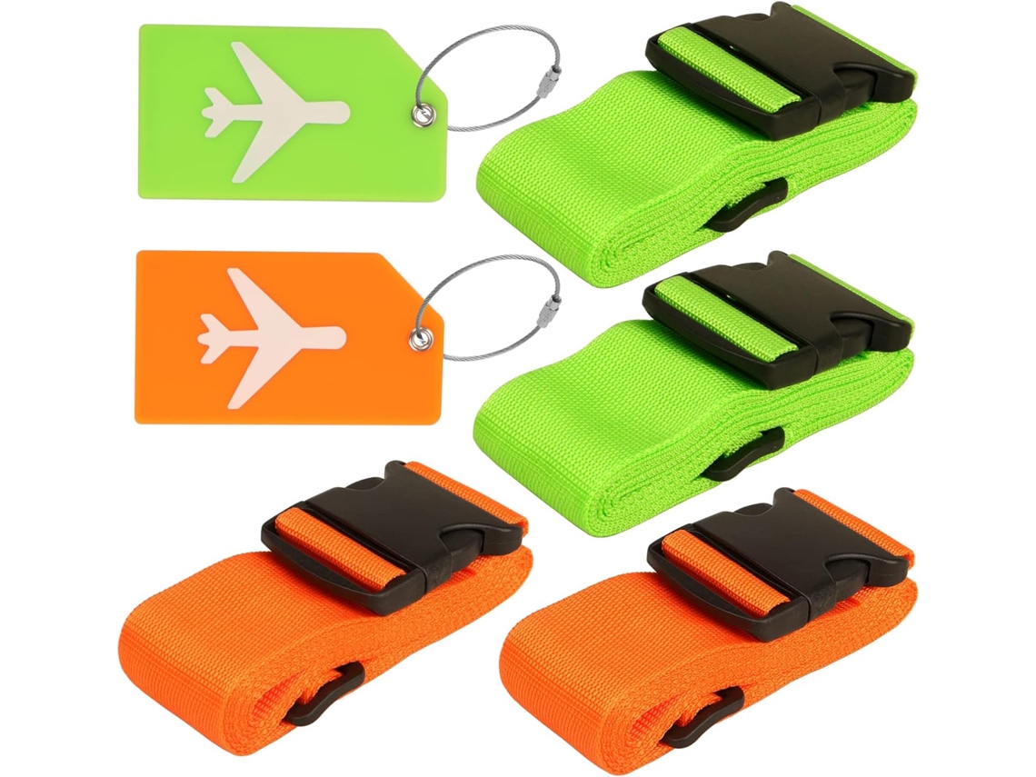Conjunto De 4 Cintas Para Bagagem(laranja E Verde) Com Etiquetas, Cintas Ajustáveis​​ Para Bagagem, Cintas Para Mala Com Fivelas