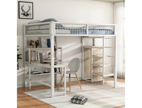 Beliche 140x200 Escrivaninha Guarda Roupa Prateleiras Estrutura De Cama De Metal Estrado Crianças/adultos Flieks (sem Colchão)