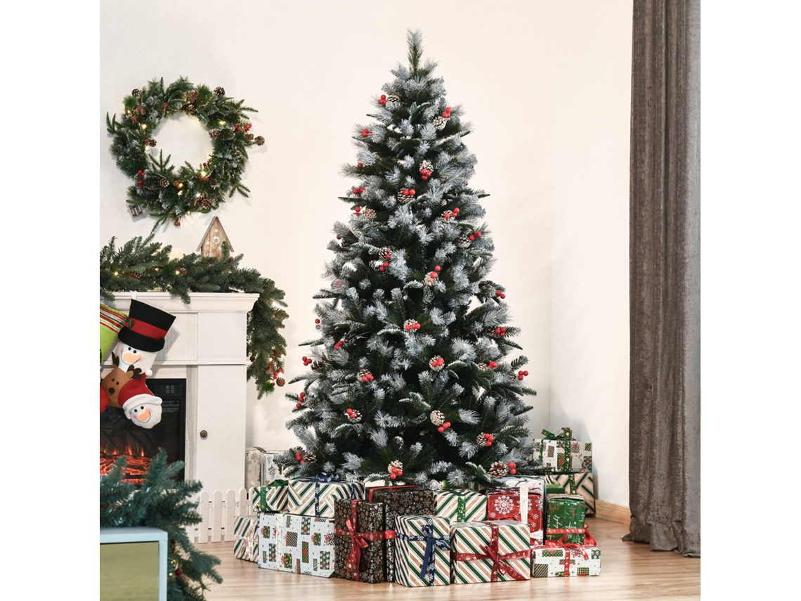 Árvore De Natal Artificial Nevada Com Pinhas Brancas E Bagas Vermelhas, Base Destacável, Verde
