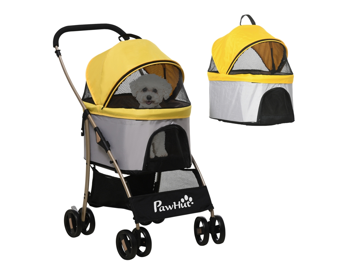 Carrinho de Cachorro 2 em 1, Dobrável, 1 Cesta, 1 Saco, 82 Cm X 49,5 Cm X 98 Cm, Amarelo Ge
