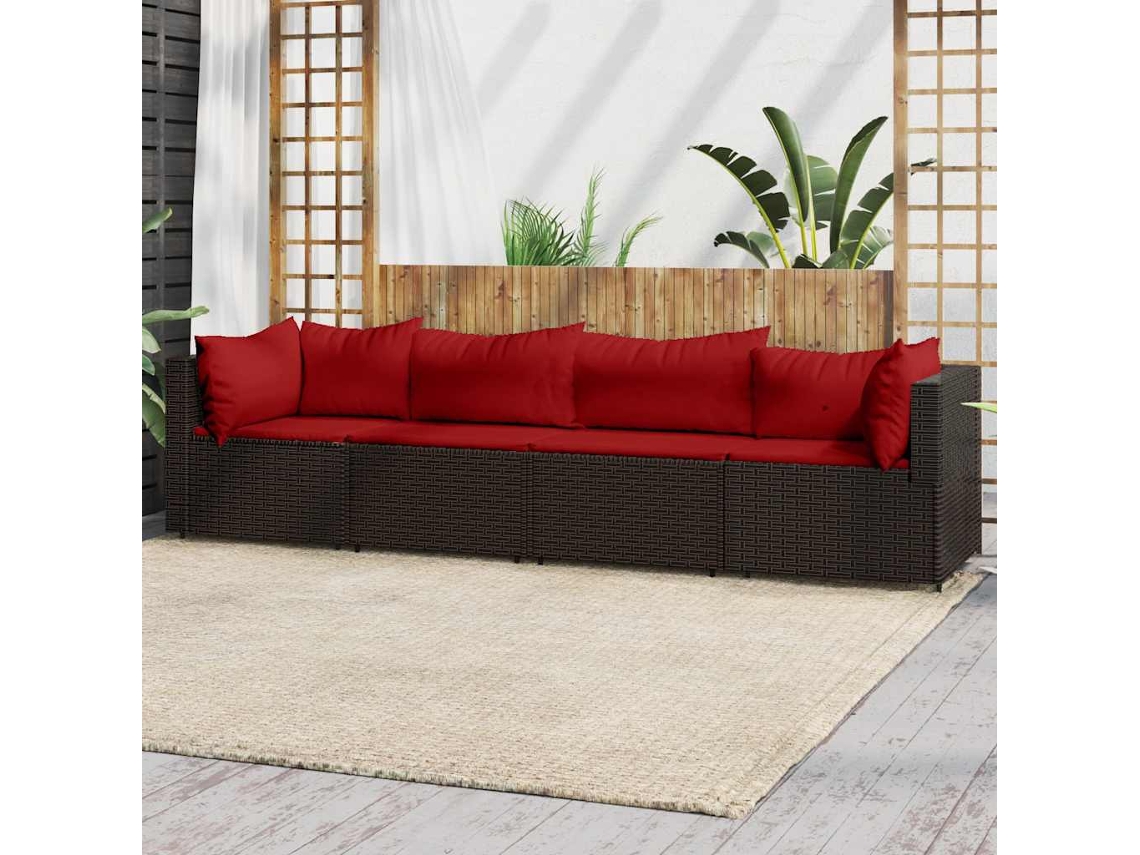 Vidaxl 4 Pcs Conjunto Lounge Jardim C/ Almofadões Vime Pe Castanho