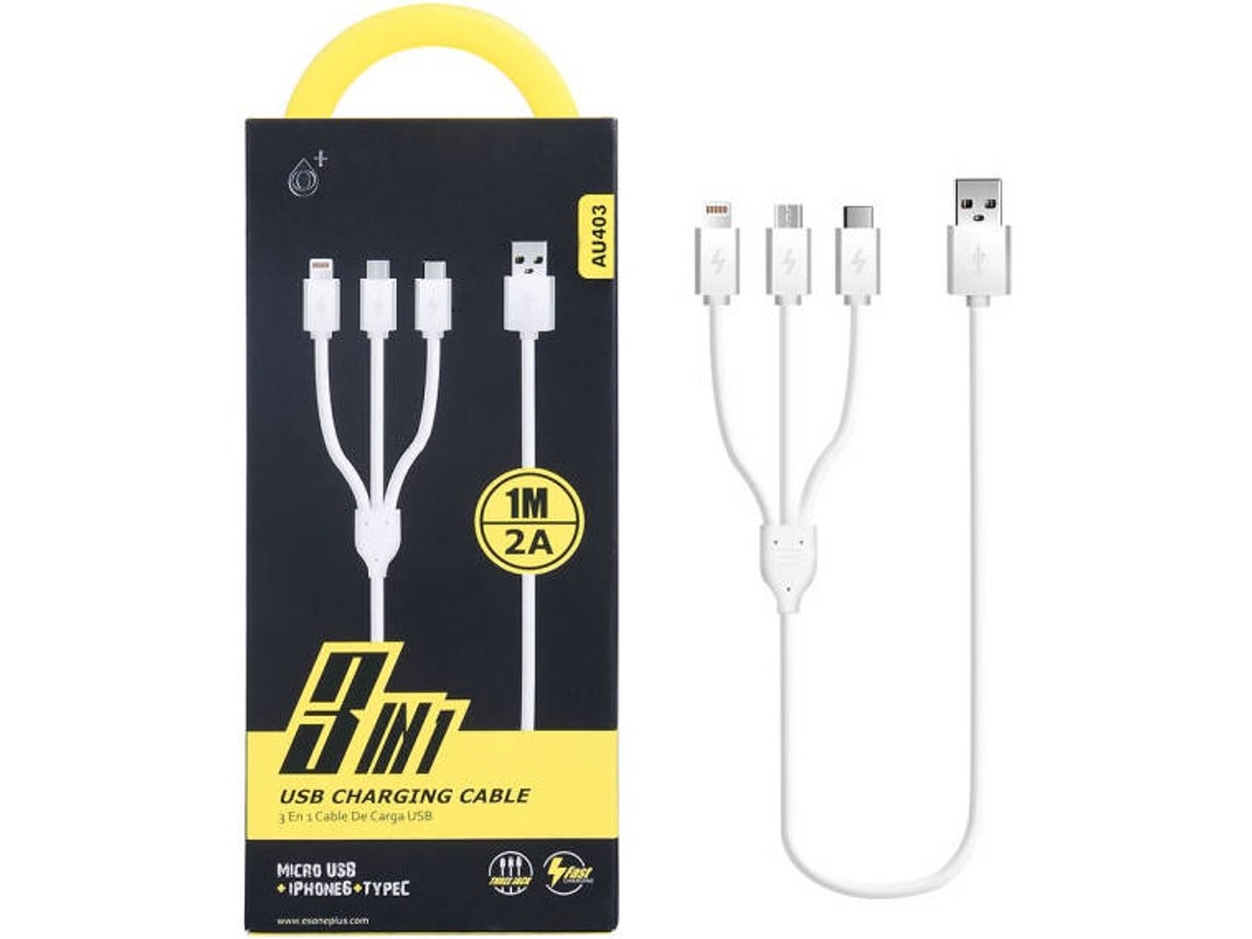 Cabo de Dados ALIGATOR (USB A - USB-C, Micro USB e Lightning - 1 m - Branco)