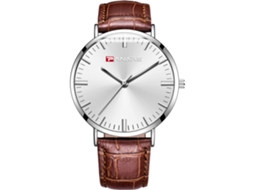 Relógio de Pulso Masculino Casual Simples de Quartzo com Correia de Couro Pu Café e Dial Branco