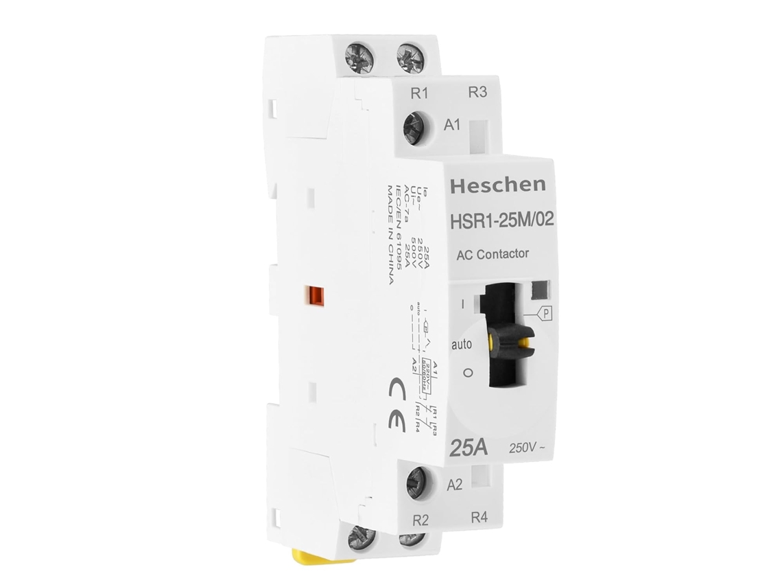 Contator CA modular HSR1-25M/02 25A 2 polos 2NF Duas bobinas Normalmente fechado 220 VCA Montagem em trilho DIN de 35 mm com interruptor de controle manual