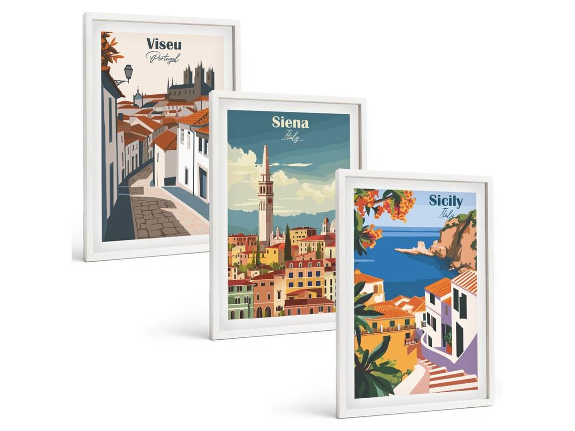 Conjunto De Pinturas Ilustrações Retrô De Cidades Do Mundo Espelharte (3 Peças 40x60 Cm)