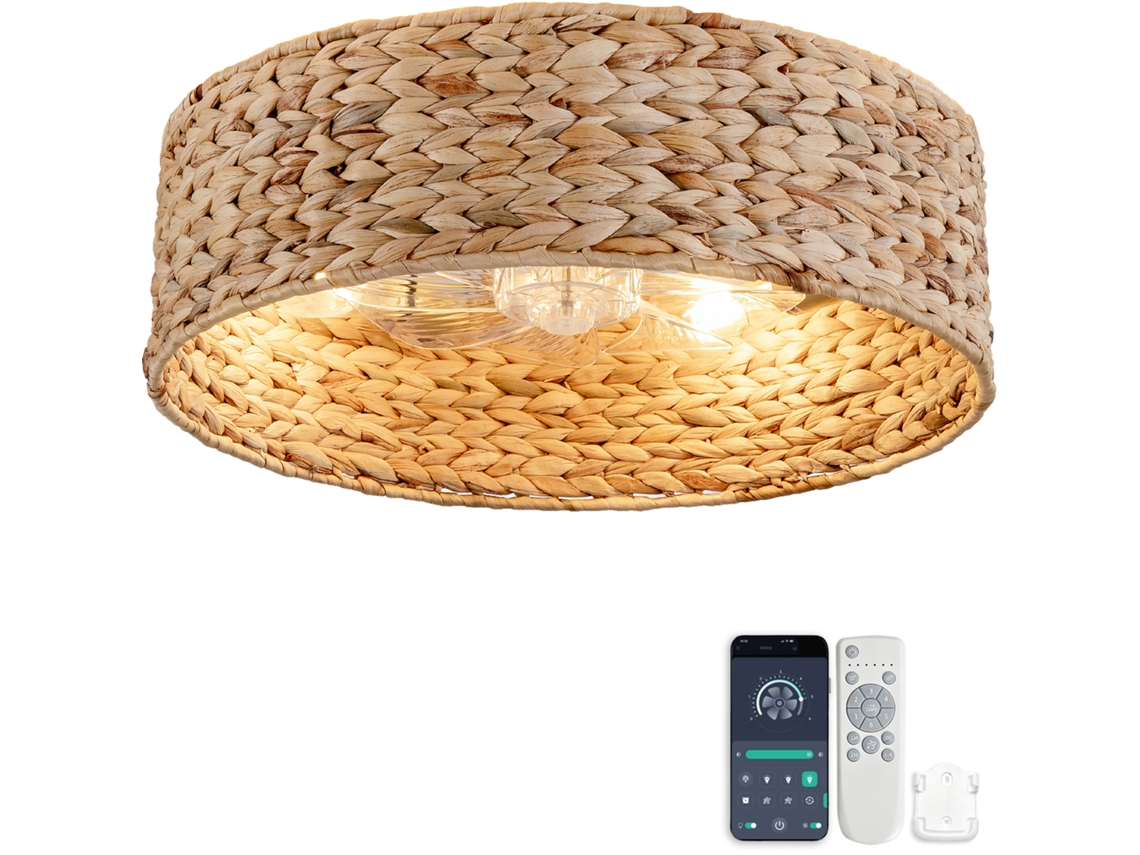 Ventilador De Teto Embutido 19 Polegadas Com Design Em Rattan, Pás Abs, Controlo Duplo E Seis Velocidades