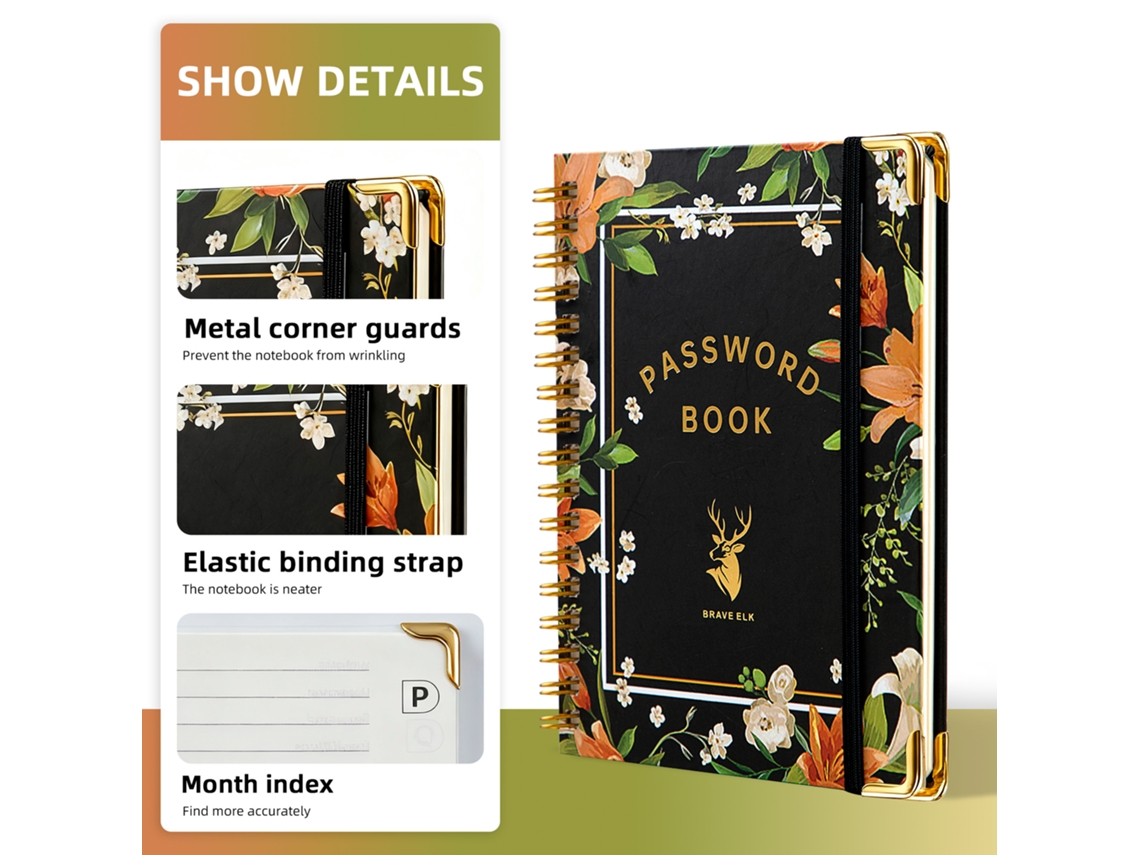 B6 Password Lock Notebook With Coil Binding, Alphabet Tabs, Corner Protector And Elastic Band, 64-sheets, Black