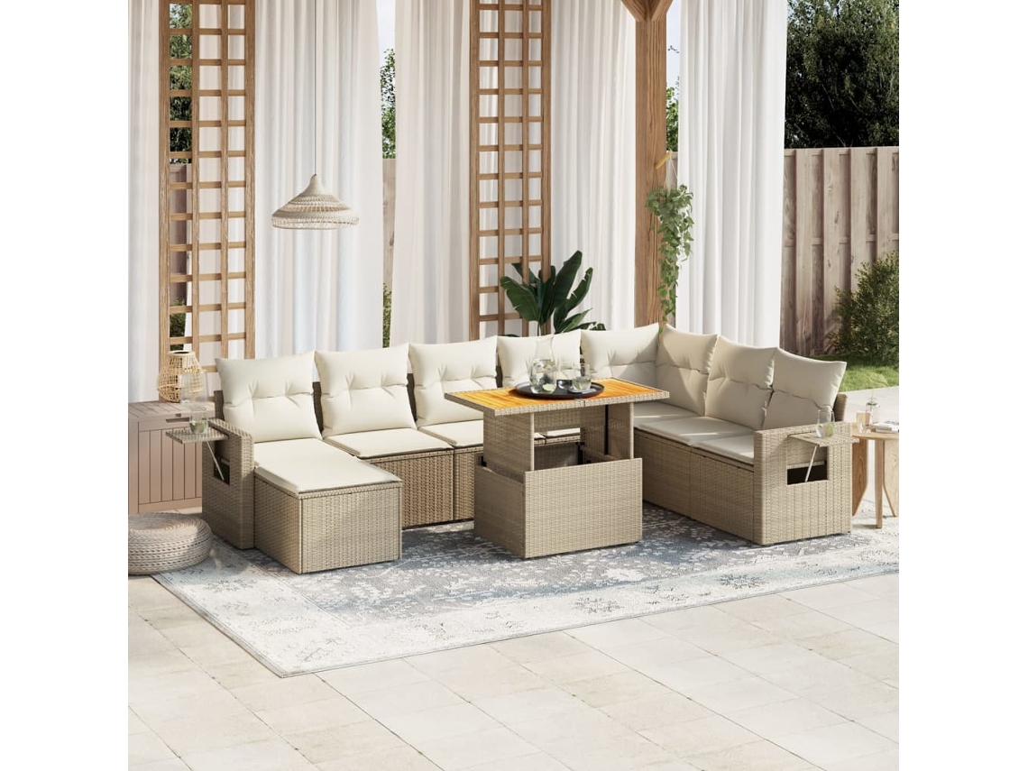 Vidaxl 9 Pcs Conjunto De Sofás P/ Jardim Com Almofadões Vime Pe Bege