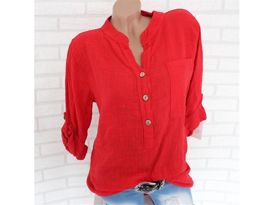 2026 blusa de Linho para Mulher com Manga Enrolável e Bordo Assimétrico