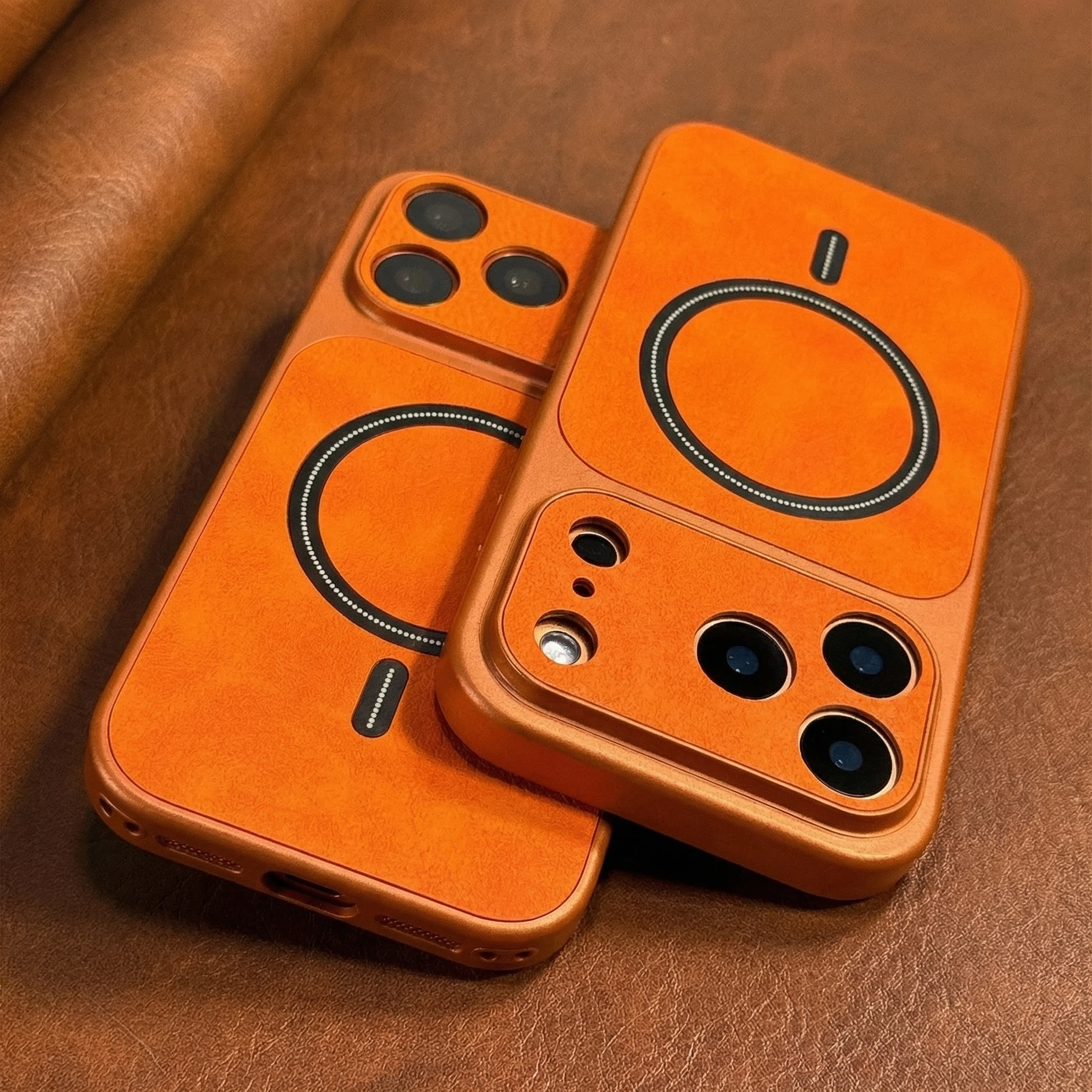 (laranja Para Iphone 15 Plus) Capa De Celular Magsafe Em Couro Sintético Com Acabamento Fosco.