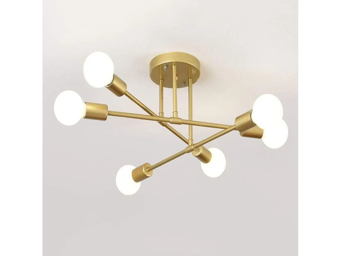 Luminária de teto industrial brilhante, 6 lâmpadas E27, iluminação de teto metálica, luminária de teto retrô para sala de estar e cozinha -ouro