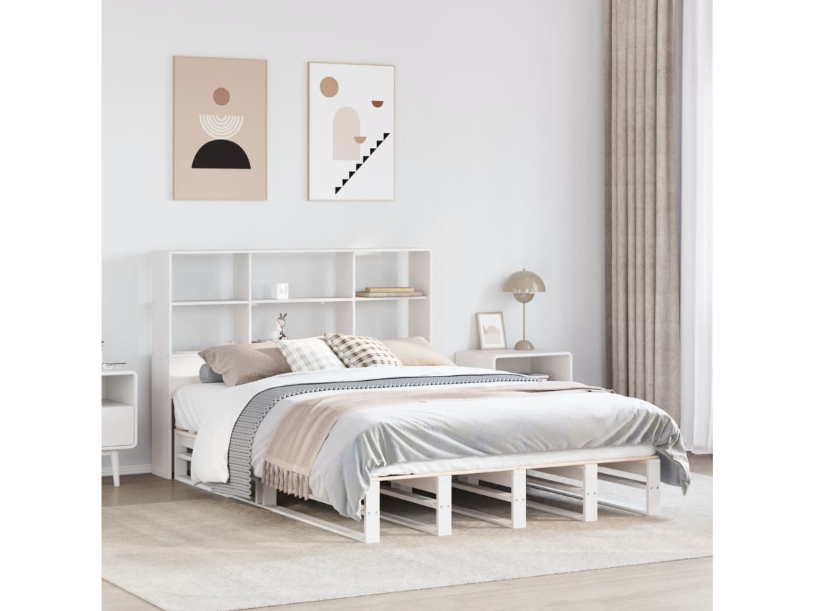 Vidaxl Cama Com Estante Sem Colchão 160x200 Cm Madeira Maciça Branco