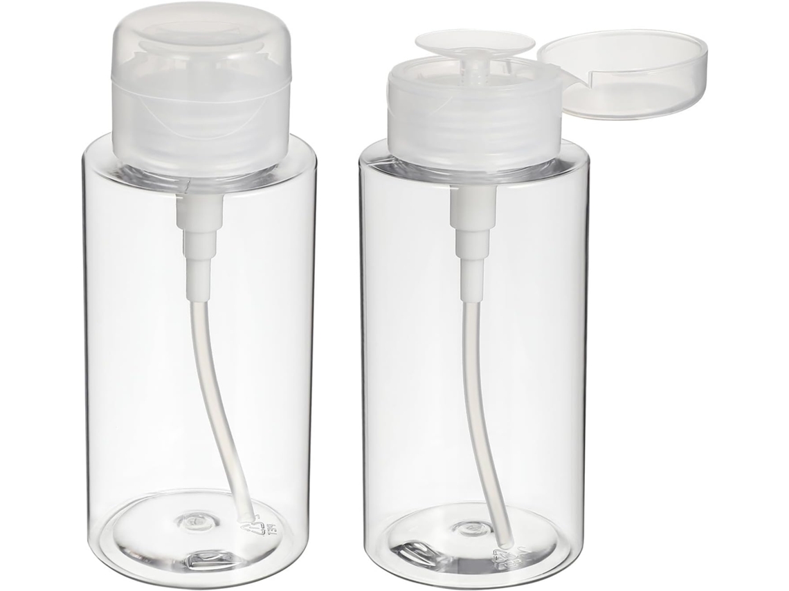 Frascos de 300ml com bomba dosadora, leves e práticos, embalagem com 2 unidades, plástico reutilizável.