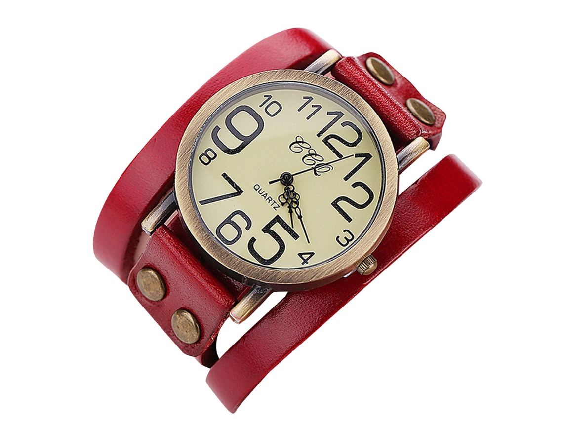 Relógio de quartzo unissex com pulseira vintage em couro PU CCQ (vermelho)