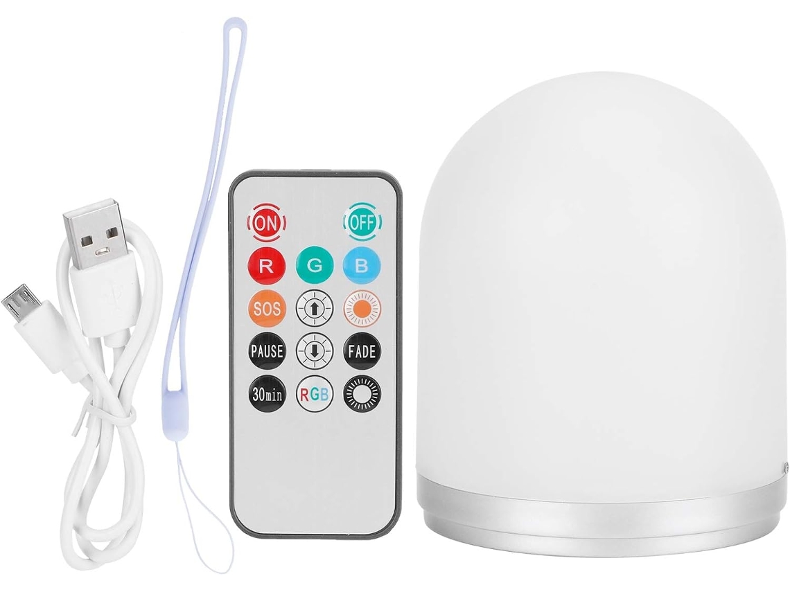Luz noturna LED recarregável via USB, com intensidade ajustável.